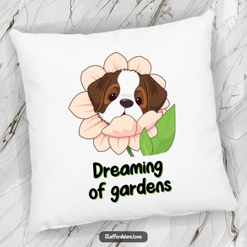 Funny Saint Bernard pillow with the dog peeking from behind a large flower, perfect for adding comfort and canine charm.