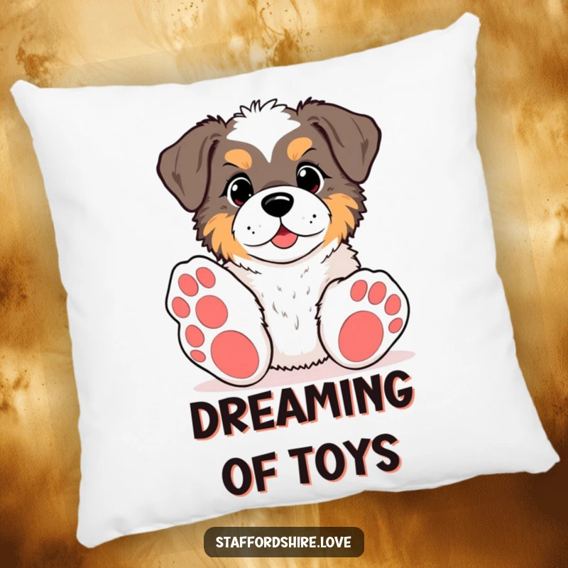 Funny kawaii Staffordshire pillow, depicting a pup with big paws reaching for a toy, providing comfort and humor with a playful touch.