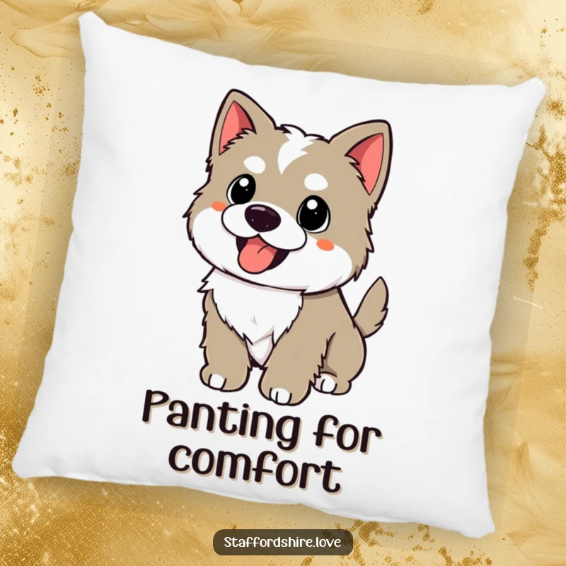 Funny kawaii Staffordshire puppy with a wagging tail, panting happily on a pillow, offering humorous comfort and pure joy.