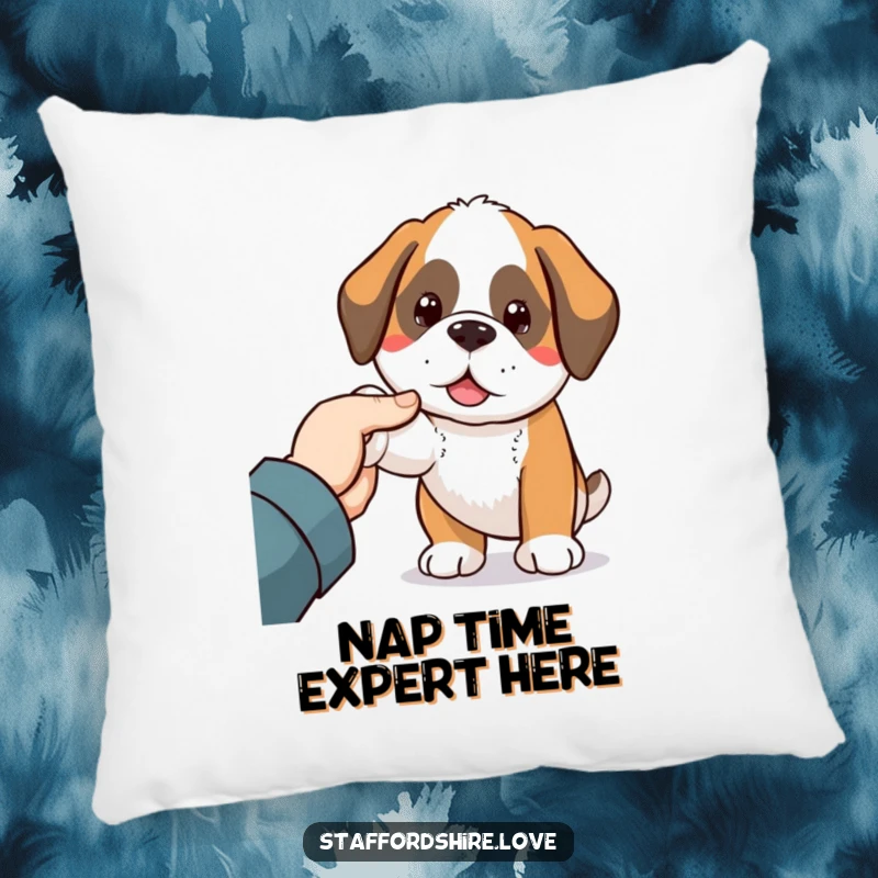 Funny Saint Bernard pillow with a cute Kawaii dog nudging a hand, offering comfort and a touch of humor.