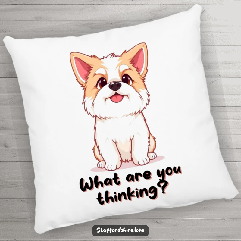 Funny Kawaii Staffordshire Pillow, showcasing a cute Staffy with a curious head tilt, offering cozy comfort and humorous decor.