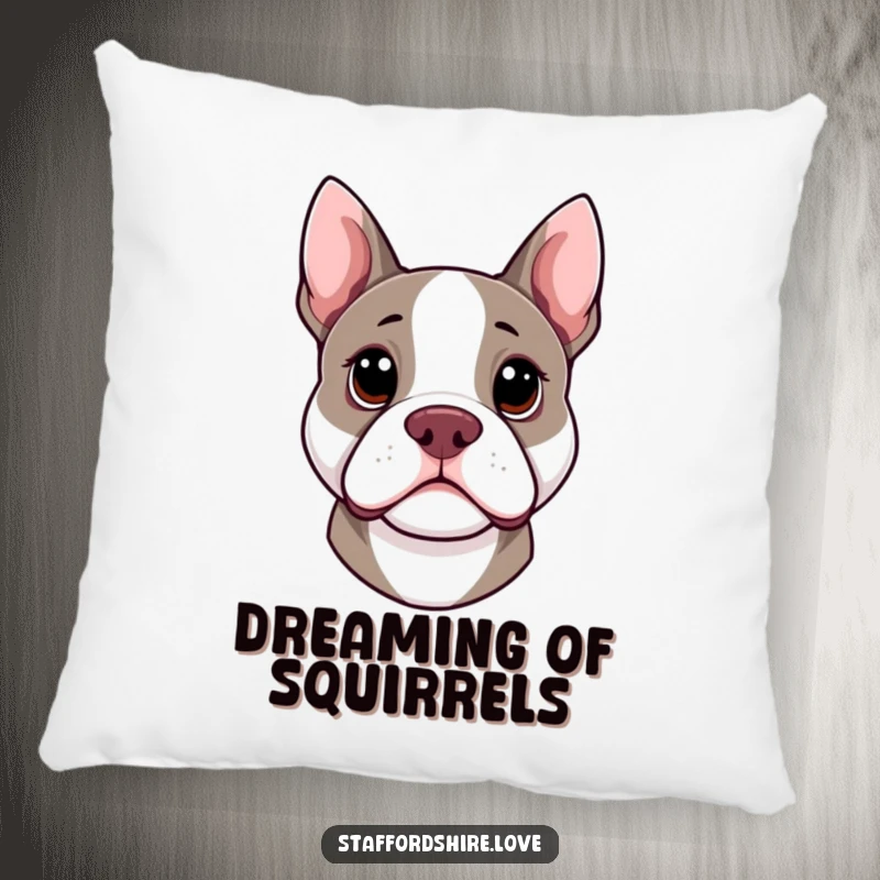 Funny kawaii Staffordshire Bull Terrier pillow with head cocked curiously, offering humorous comfort and endearing doggy charm.