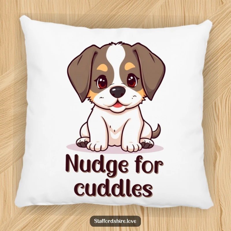 Funny kawaii Staffordshire puppy with floppy ears, playfully nudging on a pillow, offering humorous comfort and puppy love.