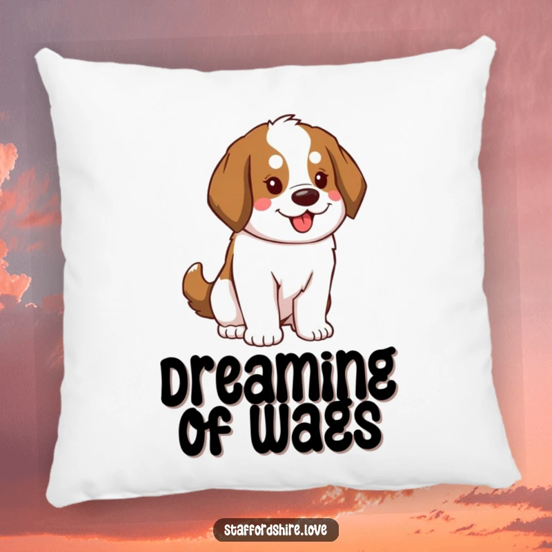 Funny Saint Bernard Pillow featuring a dog with a fluffy tail swaying enthusiastically, offering comfort and a contagious energetic touch.