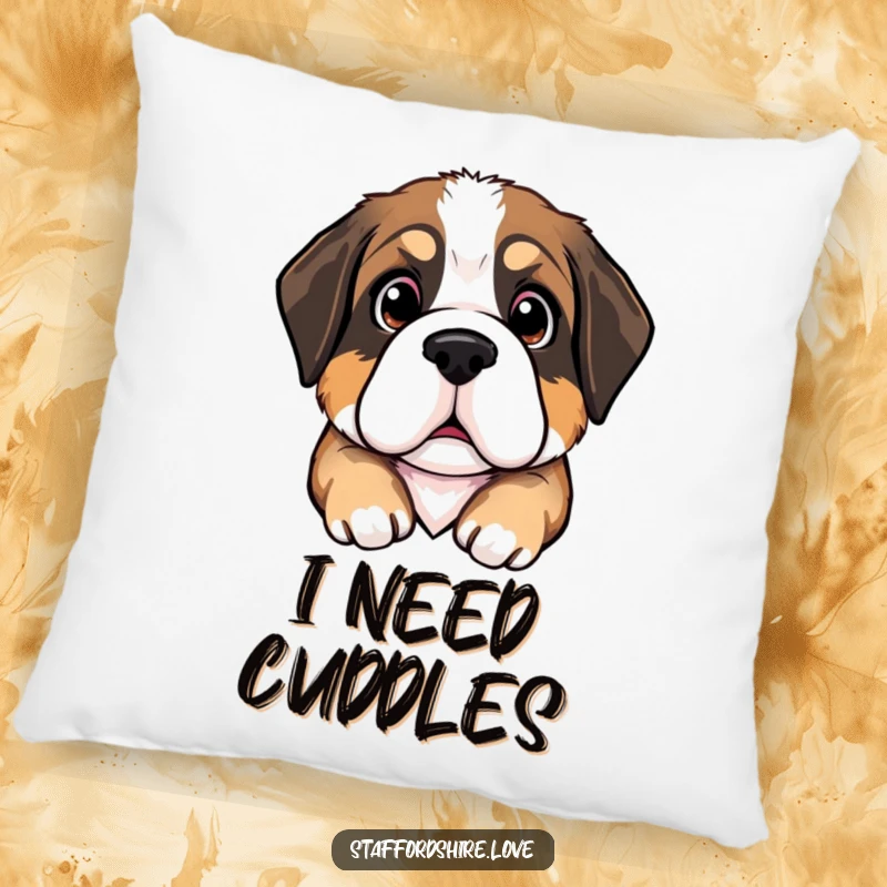 Funny Saint Bernard puppy pillow featuring a puppy with large, pleading eyes, offering comfort and a touch of humor to any room.