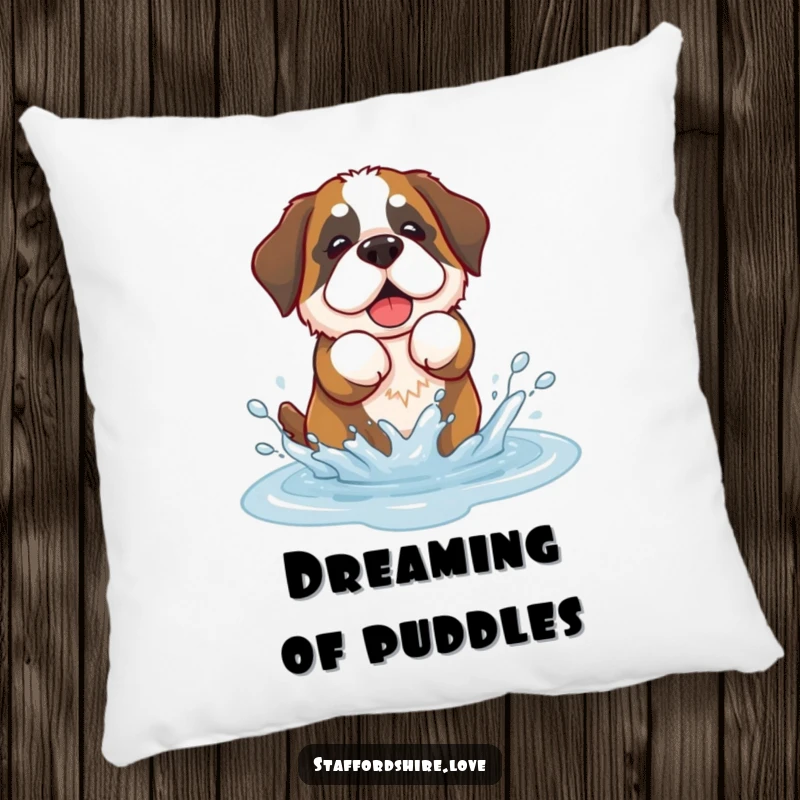 Funny pillow with a kawaii Saint Bernard dog playfully splashing in a puddle, for cozy relaxation.