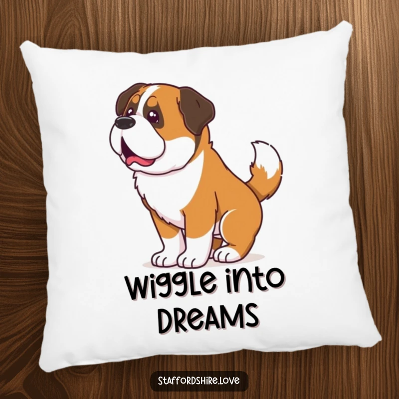 Funny pillow featuring a Saint Bernard wiggling its whole body from an excited tail wag, perfect for decor.
