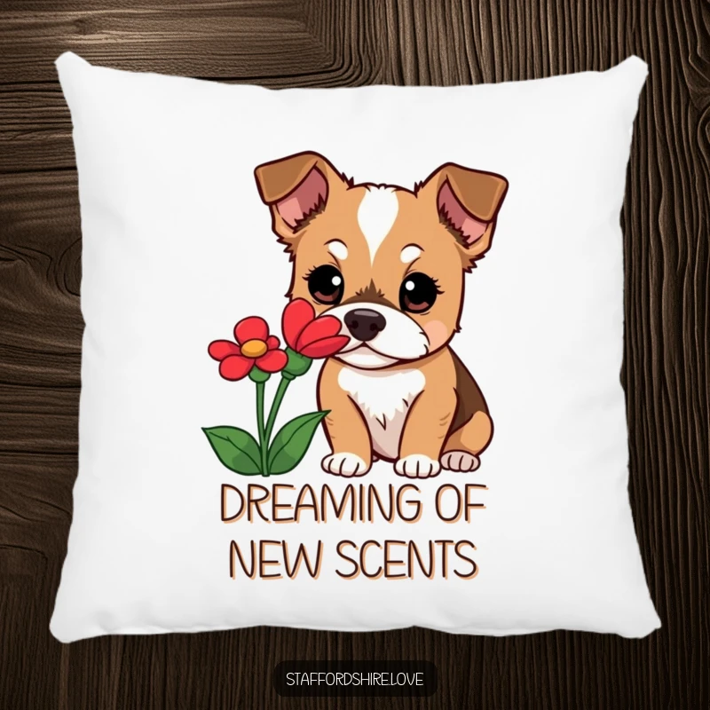 Funny Staffordshire dog pillow featuring a curious dog with wide eyes sniffing a red flower, providing a soft and charming accent.