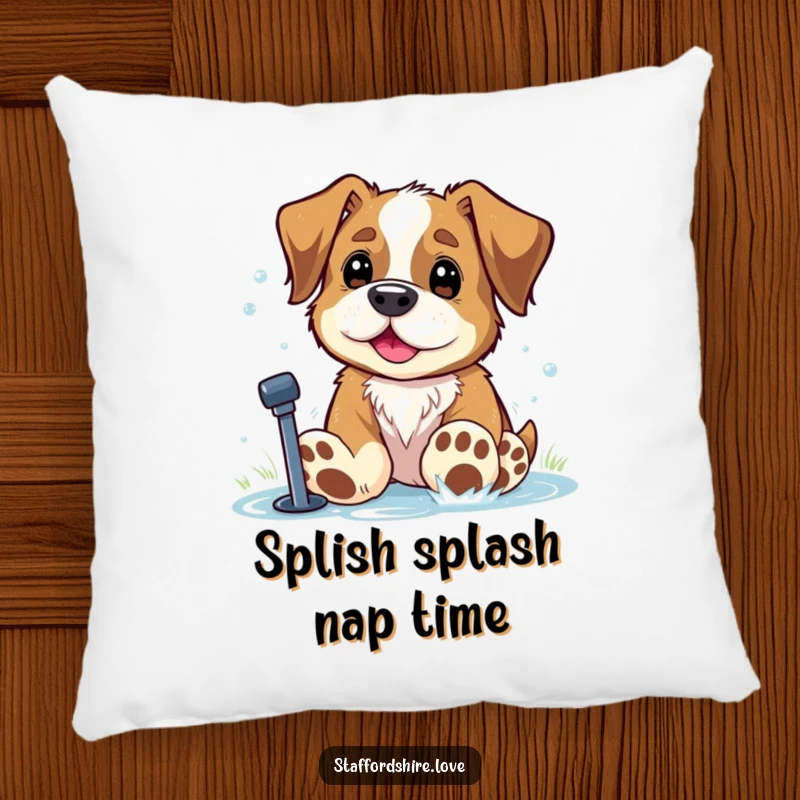Funny Staffordshire dog with oversized paws playing in a sprinkler on a soft pillow. Ideal gift.