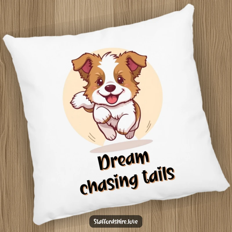 Funny pillow featuring a Staffy puppy chasing its tail in a circle, perfect for adding humorous comfort and canine charm.