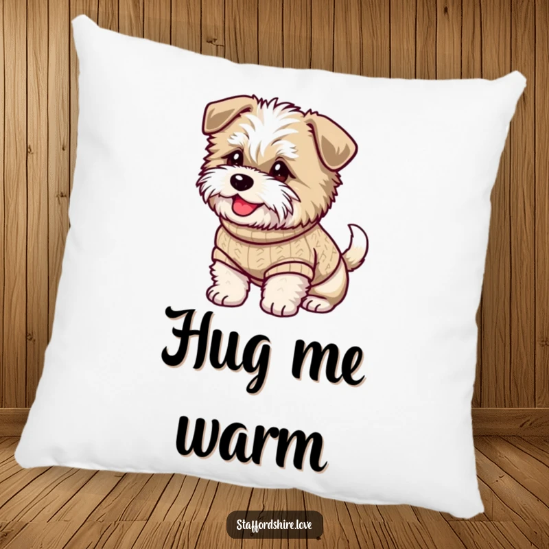 Funny pillow depicting a fluffy Staffordshire dog in a sweater, tail wagging with happiness, for cozy decor.