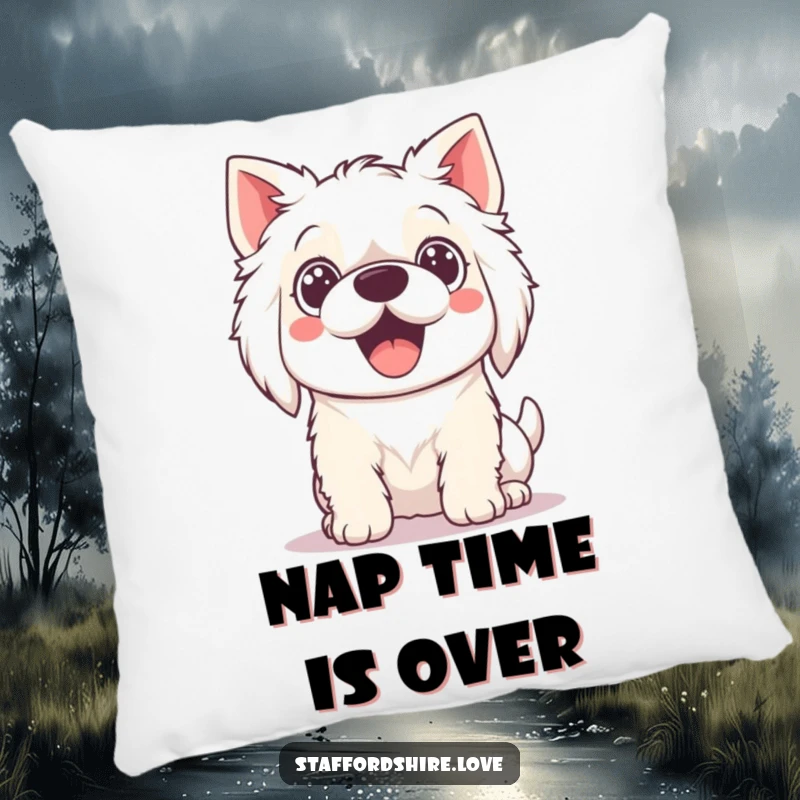 Funny Pillow featuring a plush Kawaii Staffordshire dog with wide, eager eyes, ready for cuddles and playtime.