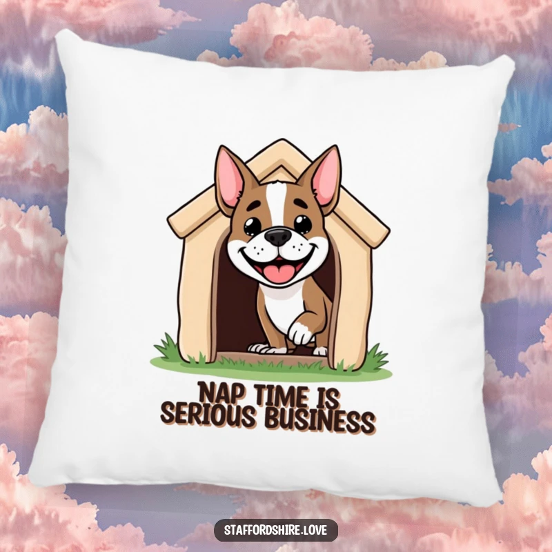 Funny Staffordshire dog pillow featuring a grinning dog's head emerging from a doghouse, offering a soft and humorous decorative touch.