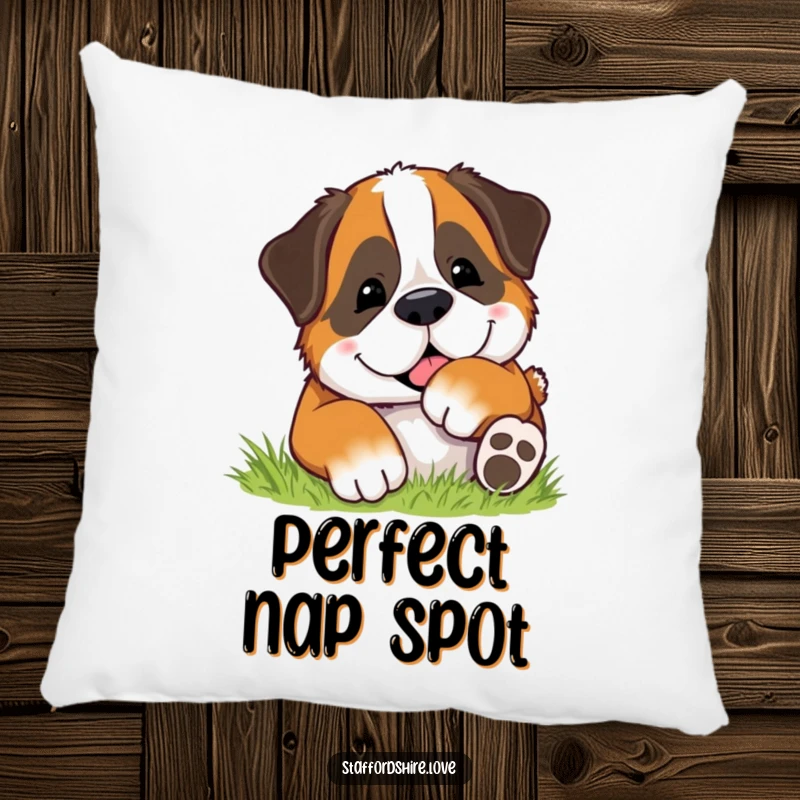 Funny pillow featuring a Saint Bernard dog rolling happily in soft grass, offering a soft, humorous, and joyful accent.