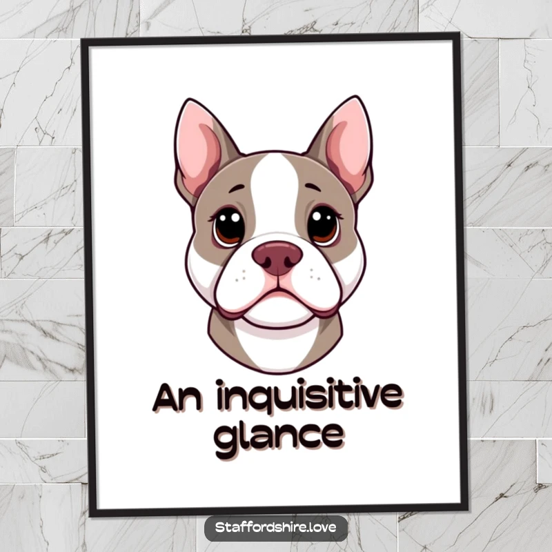 Funny kawaii Staffordshire Bull Terrier digital art print with head cocked curiously, perfect for humorous and curious wall decor.