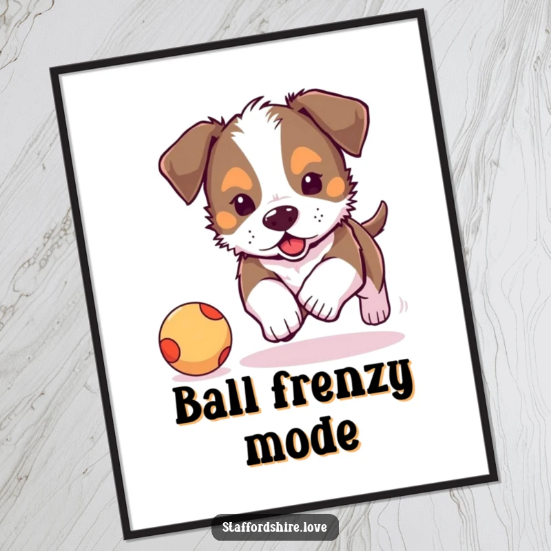 Funny, adorable Staffordshire puppy energetically chasing a bouncy ball as a digital art print. Perfect funny gift.