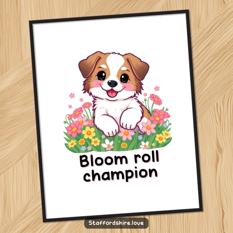 Funny Staffordshire dog happily rolling in a patch of flowers as a digital art print. Perfect gift.