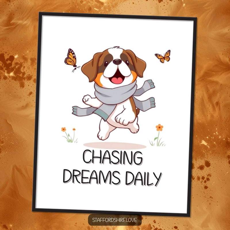 Funny Saint Bernard digital art print, high-resolution download, dog in a scarf chasing a butterfly, whimsical illustration.
