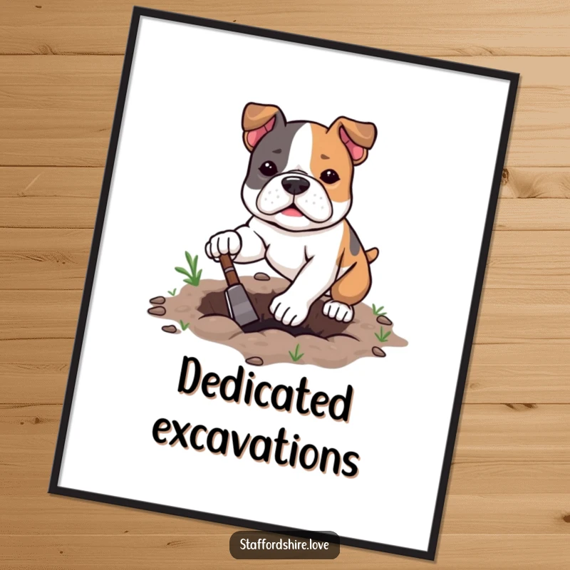 Funny kawaii Staffordshire Bull Terrier digital art print with determined digging, perfect for humorous and motivational wall decor.
