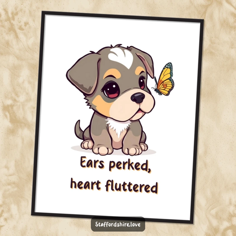 Funny Staffordshire pup with one ear flopped over, looking curiously at a fluttering butterfly on a downloadable digital art print.