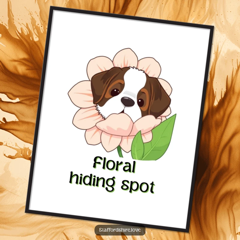 Funny Saint Bernard digital art print featuring the dog peeking from behind a giant flower, perfect for playful decor.