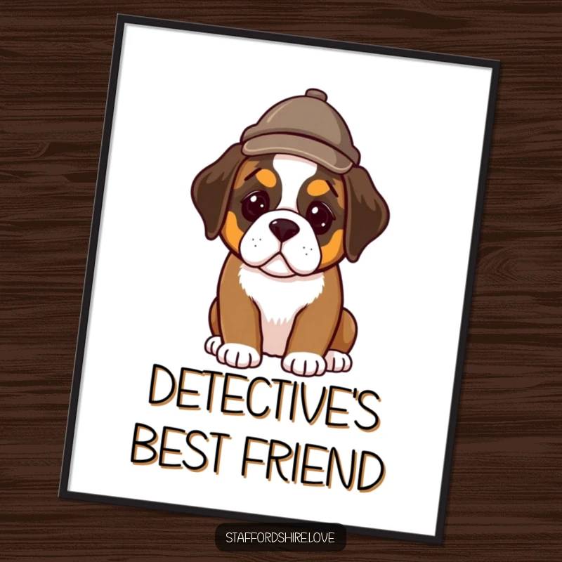 Funny digital art print of a Saint Bernard puppy wearing a small detective hat, looking curious and ready to solve any mystery.