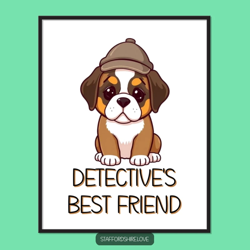Funny Detective Puppy Digital Art - Hilarious Saint Bernard Investigator Print