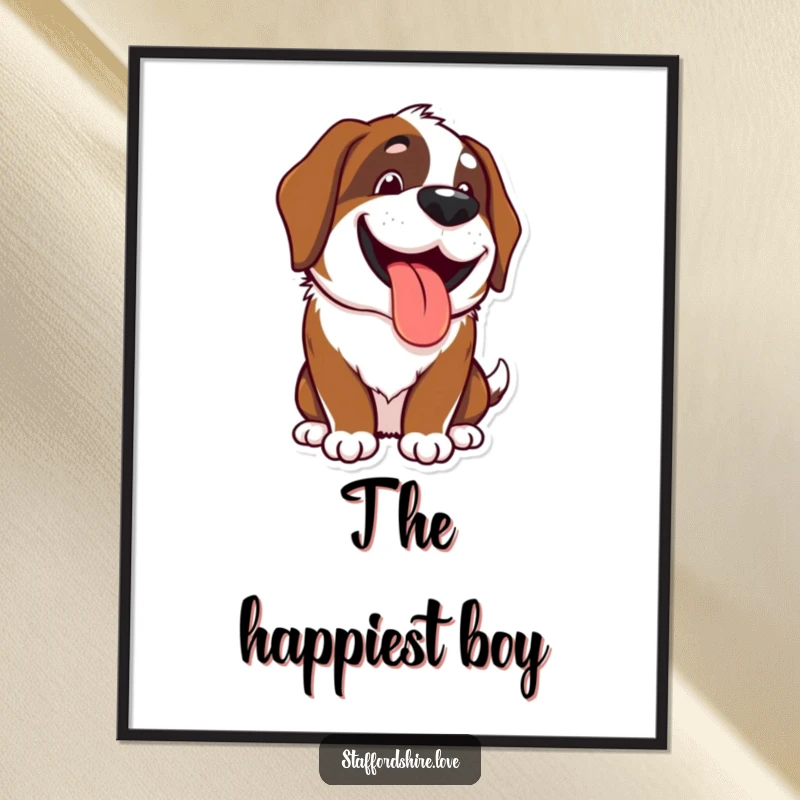 Funny Kawaii Saint Bernard digital art print of a happy, panting dog with a wide grin, instant download and a funny gift.