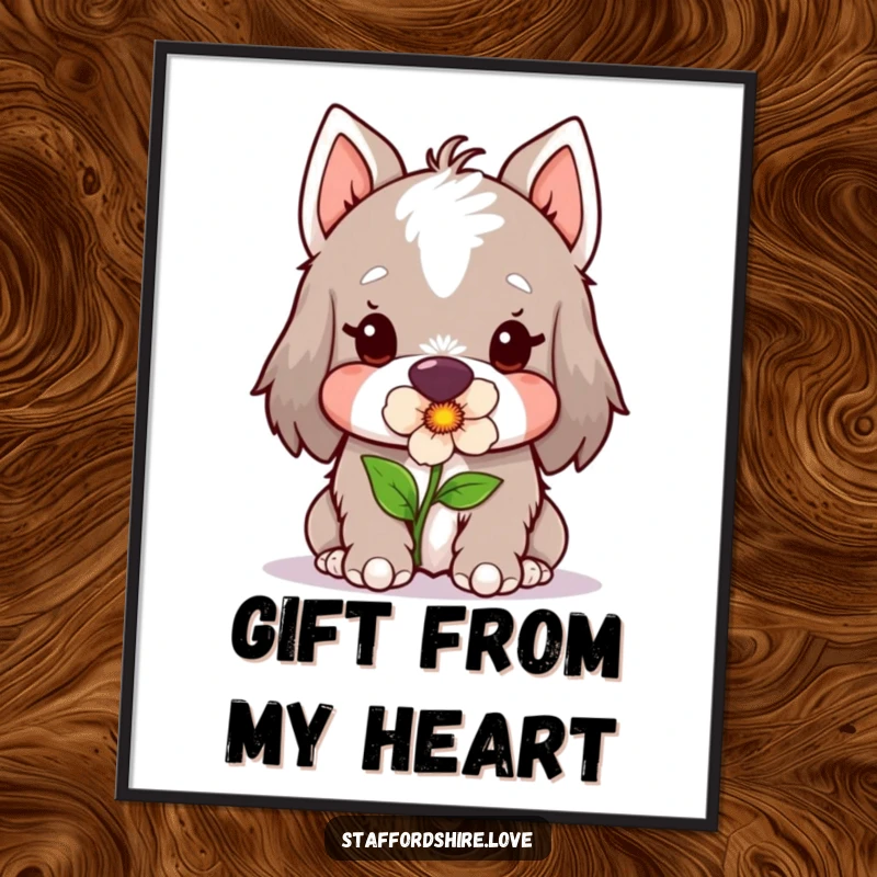 Funny Kawaii Staffordshire Digital Art Print, featuring a cute Staffy gently holding a flower in its mouth, perfect for instant, charming wall decor.