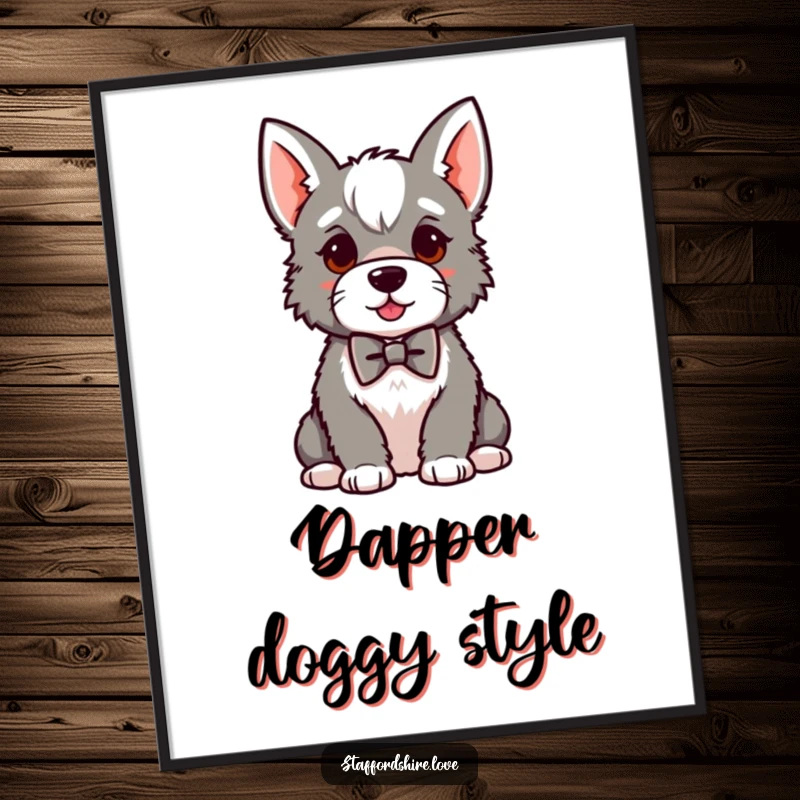 Funny kawaii Staffordshire digital art print, showing a proud dog in a small bowtie, ready for immediate download and display.