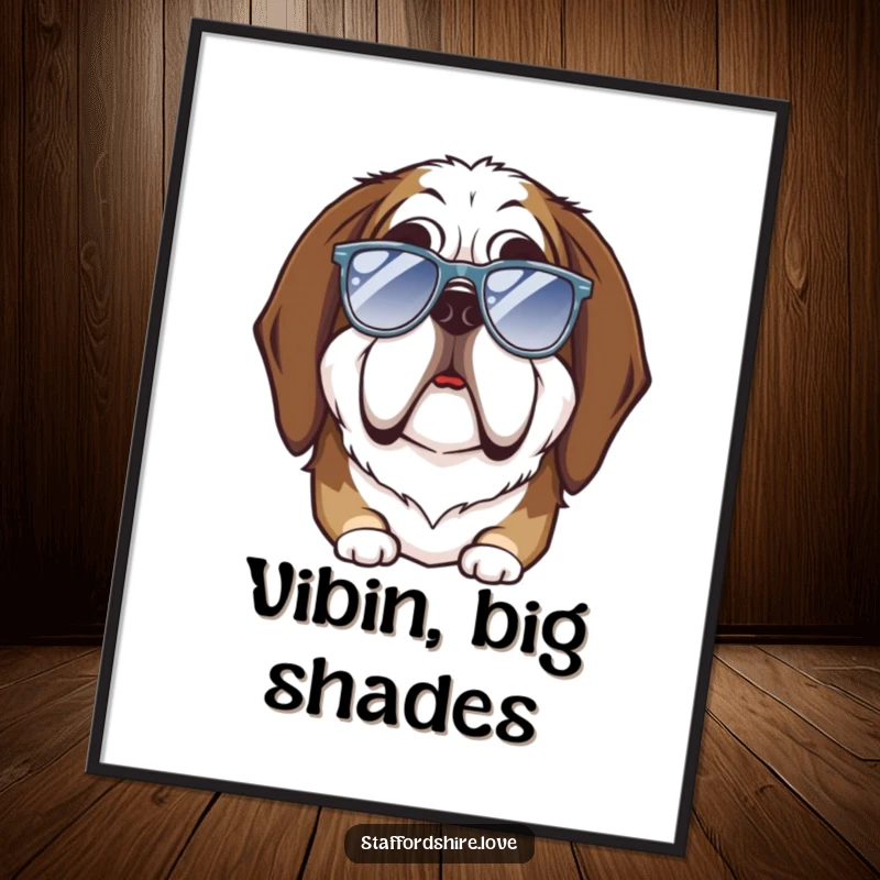 Funny Saint Bernard digital art print showing a dog with a goofy expression trying on miniature sunglasses, printable wall art.
