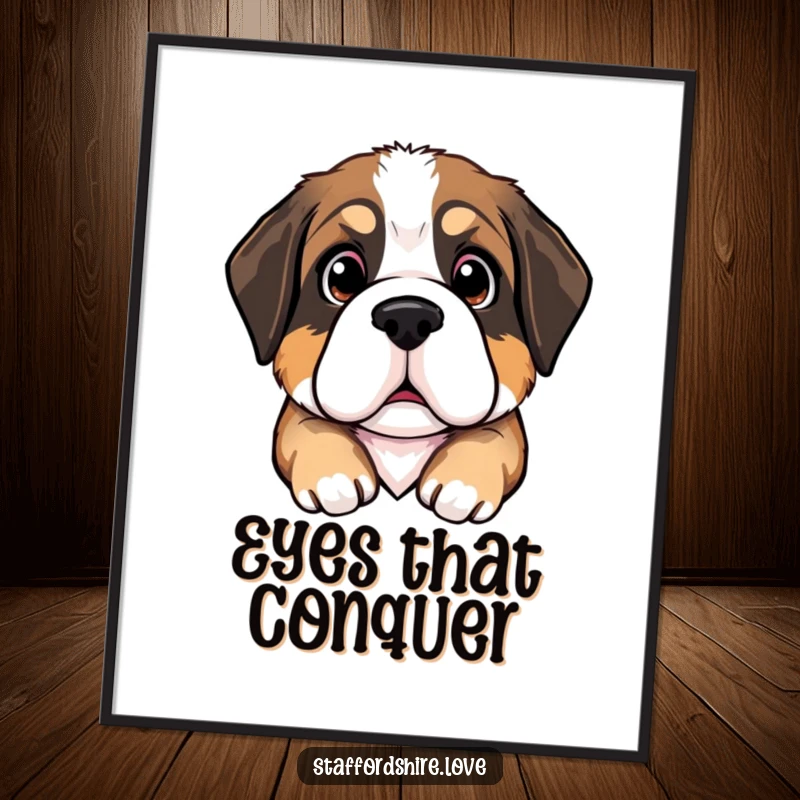 Funny Saint Bernard puppy digital art print showing a puppy with large, pleading eyes, ideal for immediate, humorous wall decoration.