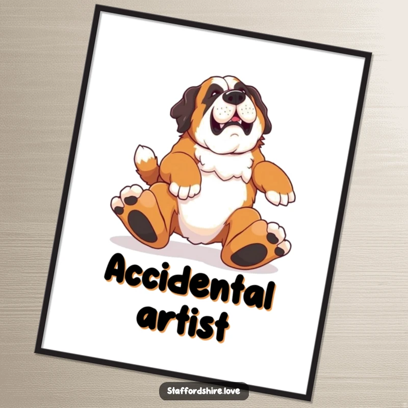 Funny digital art print of a Saint Bernard comically tripping over its paws, ideal for humorous wall decor.