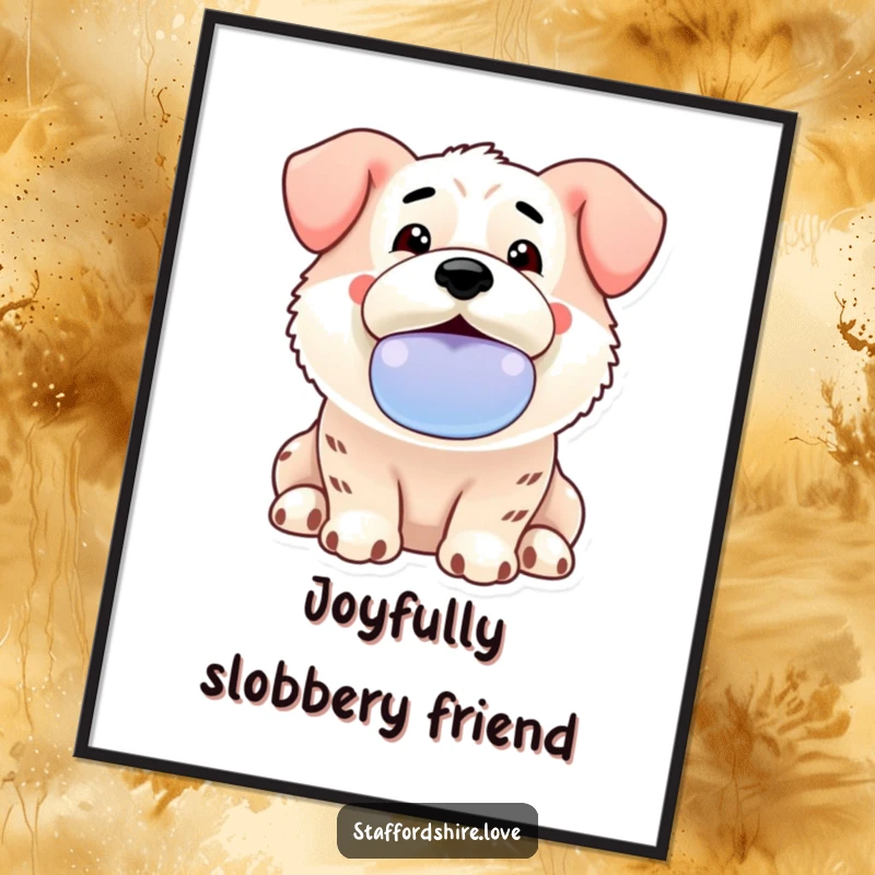 Funny Kawaii Staffordshire digital art print of an enthusiastic dog offering a slobbery toy, capturing pure joy instantly.