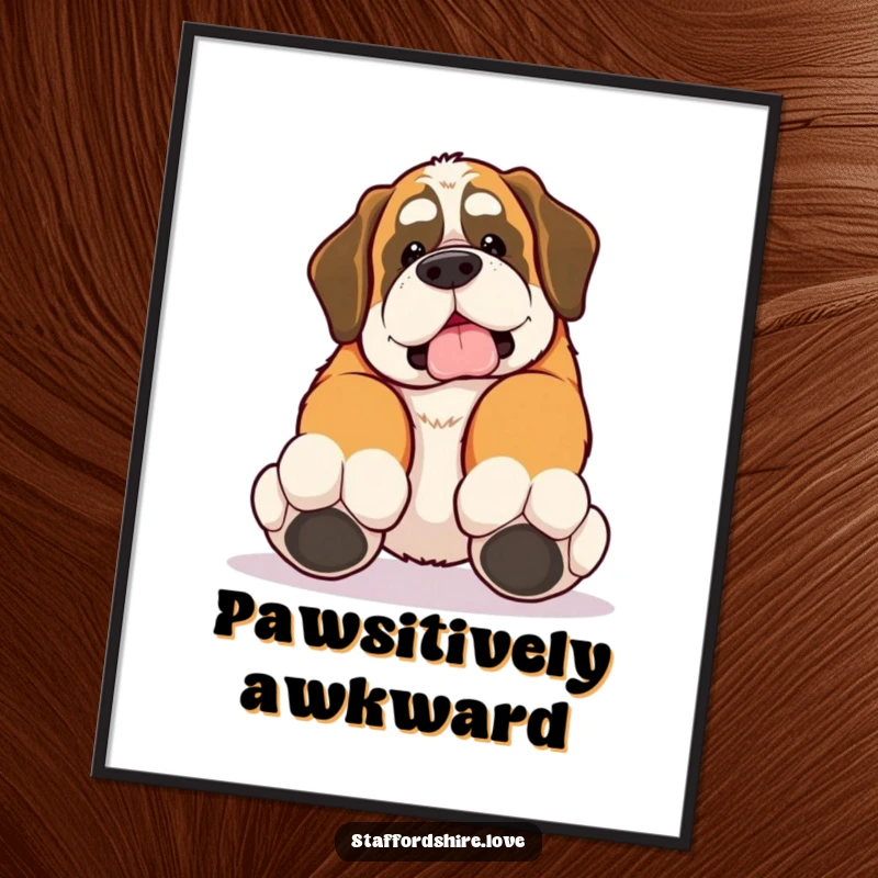 Funny digital art print of a kawaii Saint Bernard tripping over its own large paws, cute and humorous decor.