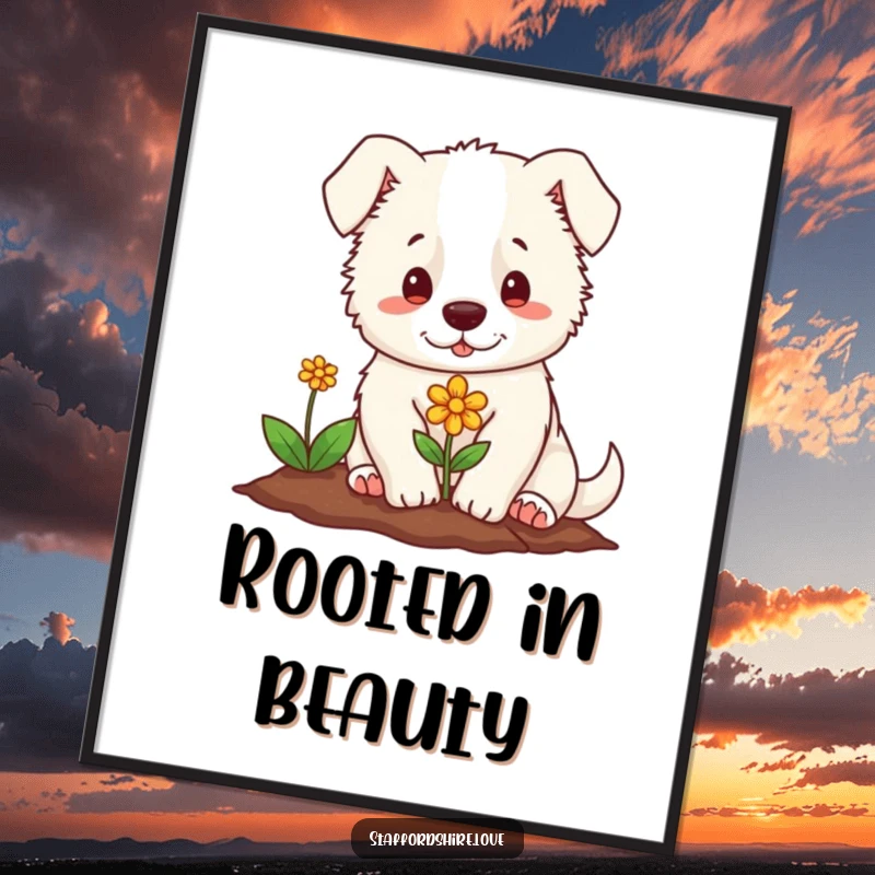 Funny digital art print of a soft Staffordshire character gently planting a tiny, colorful flower. Instant heartwarming decor.