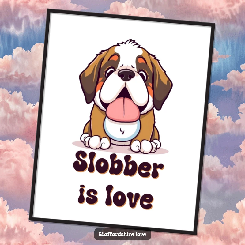 Funny Saint Bernard Digital Art: Printable artwork of a cute kawaii Saint Bernard dog offering a slobbery toy.