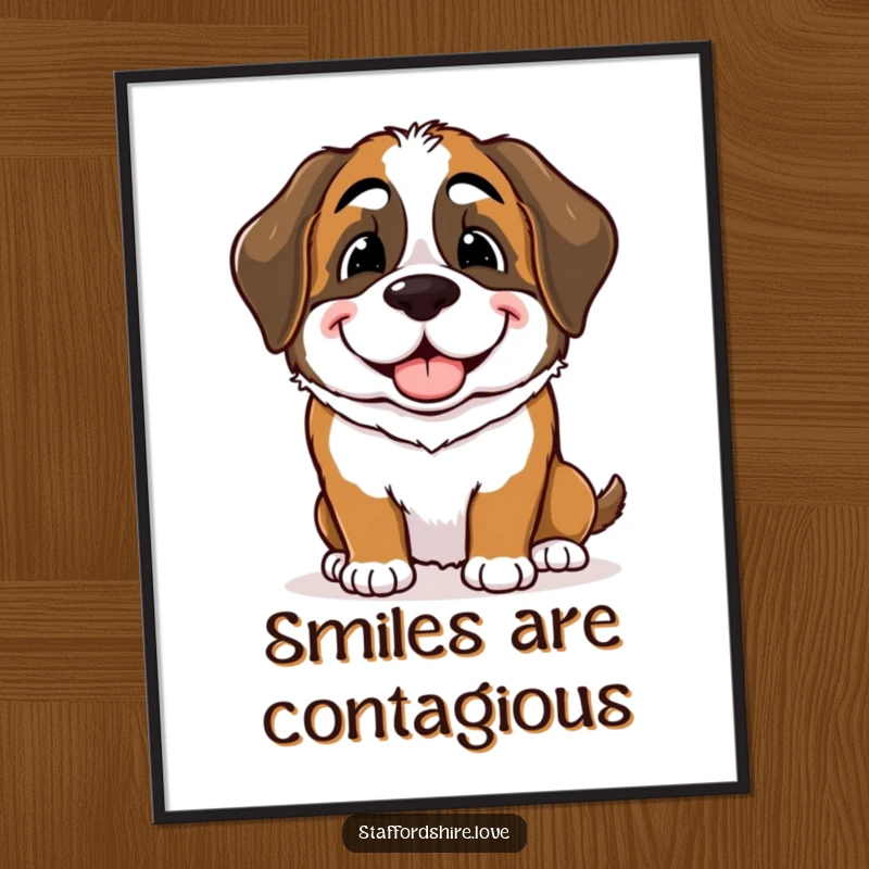 Funny Saint Bernard digital art print showing a dog giving a gentle nudge with a warm, playful smile, printable wall art.