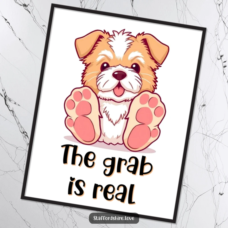 Funny Kawaii Staffordshire digital art print of a dog with oversized paws reaching for a toy, capturing playful energy instantly.