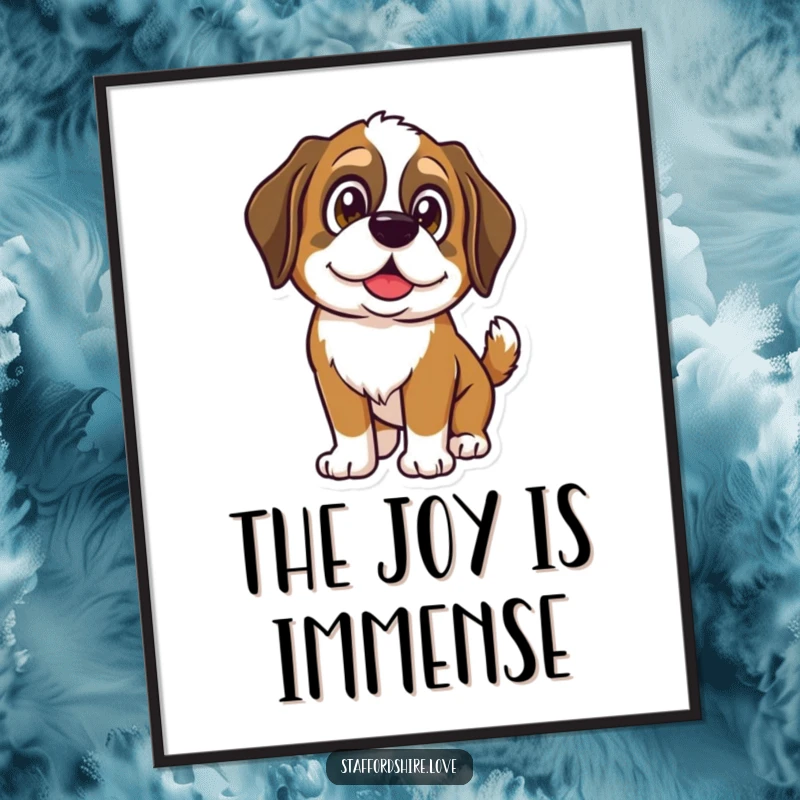Funny Saint Bernard digital art print featuring a dog's shining eyes and wagging tail, perfect for cheerful decor.