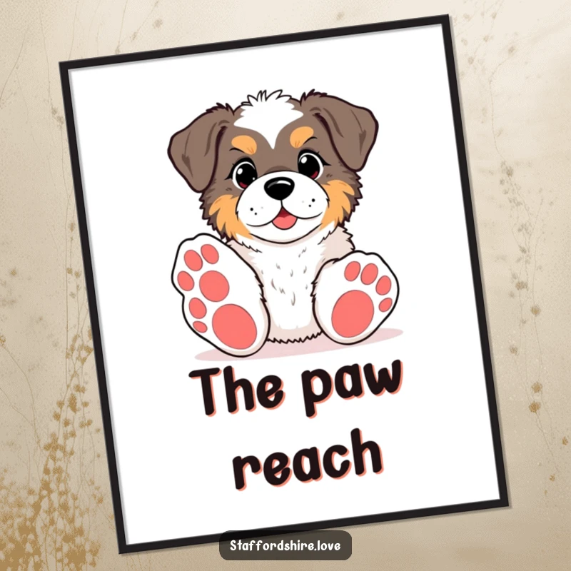 Funny kawaii Staffordshire digital art print, showing a pup with big paws reaching for a toy, ready for immediate download and display.