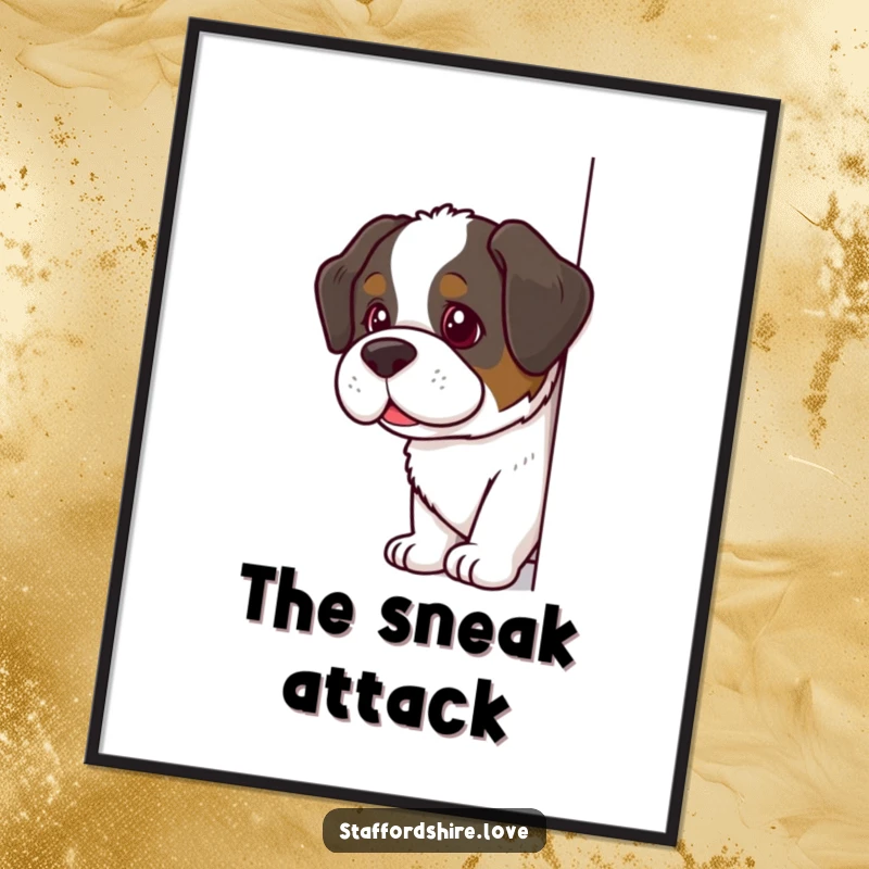 Funny Saint Bernard Digital Art Print featuring a dog with a mischievous glint, peeking playfully, ready to adorn your walls with humor.