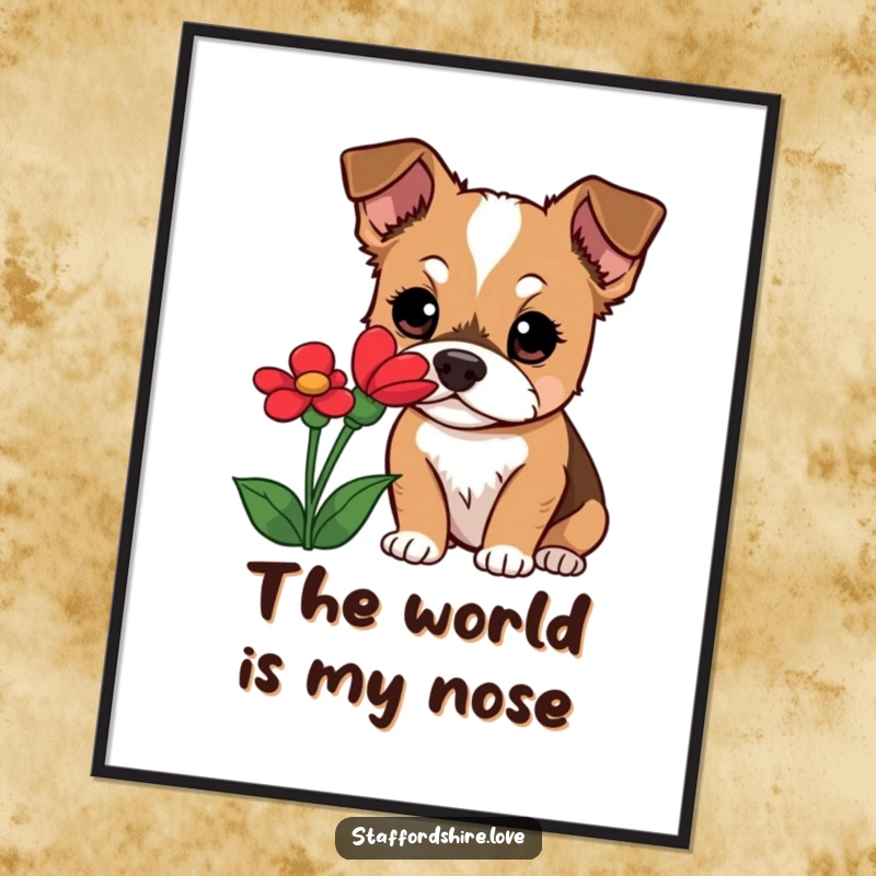 Funny Staffordshire dog digital art of a curious dog with wide eyes sniffing a red flower, capturing a moment of gentle discovery.