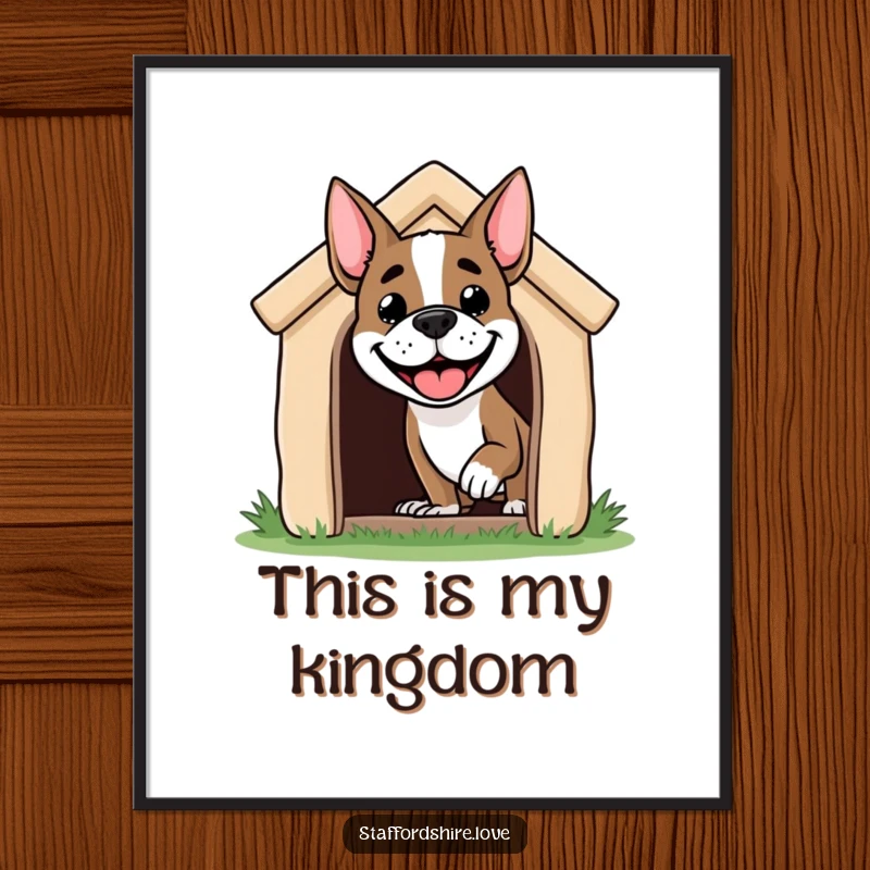 Funny Staffordshire dog digital art of a grinning dog peeking happily from a doghouse, a cheerful and whimsical illustration.