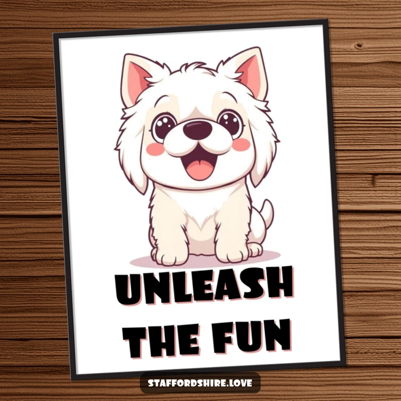 Funny Digital Art Print of a Kawaii Staffordshire dog with wide, excited eyes, brimming with playful enthusiasm.