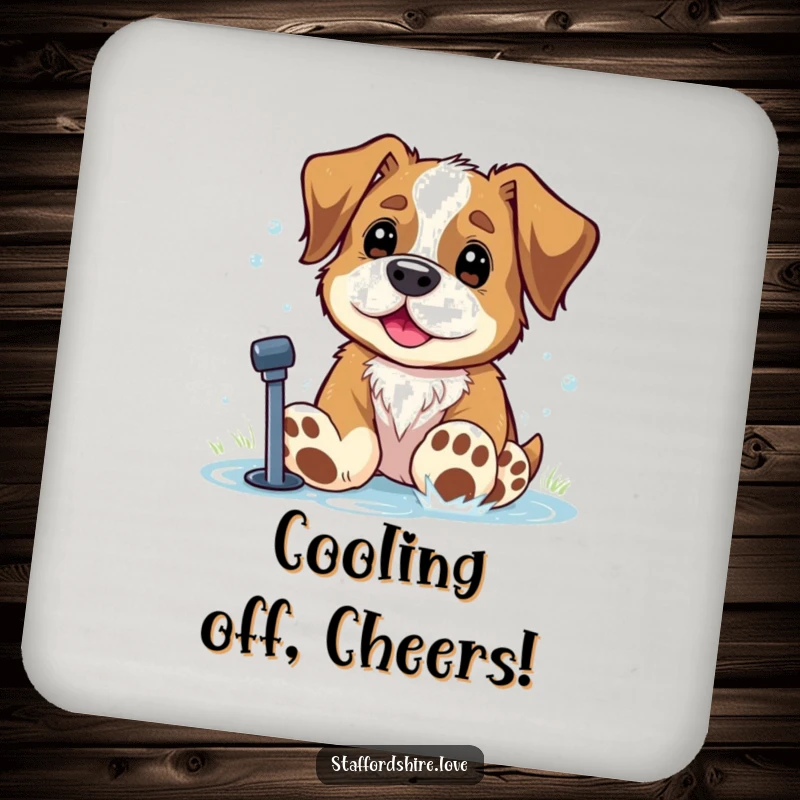 Funny Staffordshire dog with oversized paws playing in a sprinkler on a drink coaster. Ideal gift.
