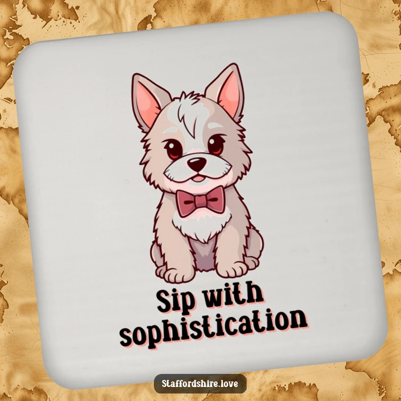 Funny Kawaii Staffordshire drink coaster featuring a proud dog in a small bowtie, preventing spills with dapper dog style.