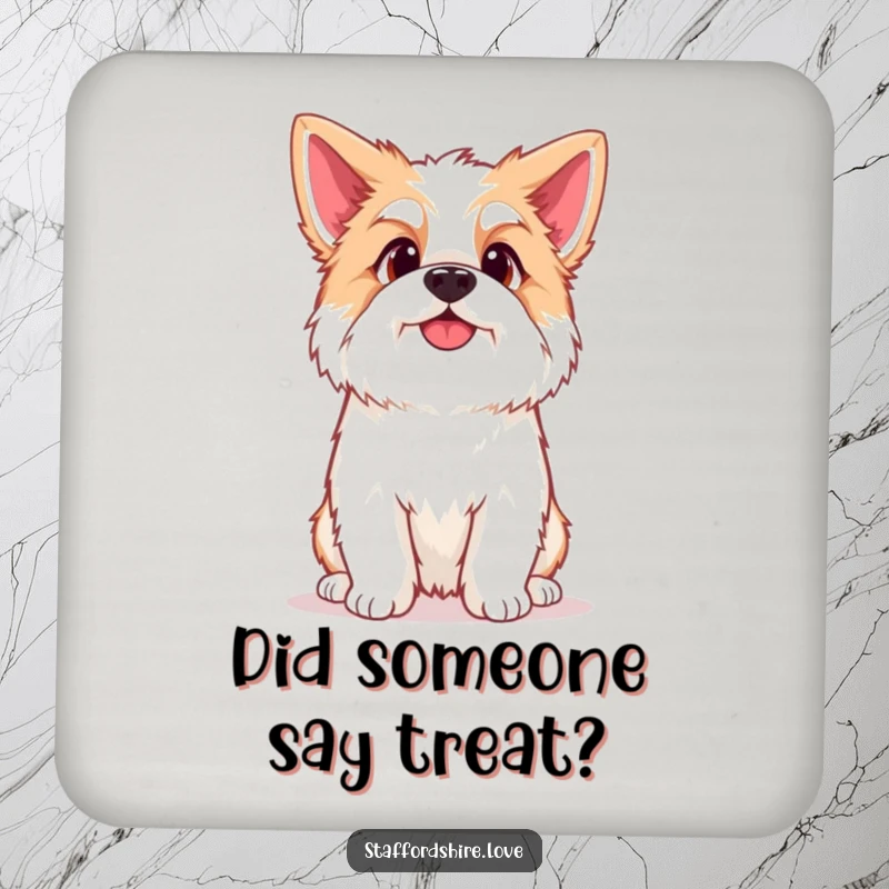 Funny Kawaii Staffordshire Coasters, showcasing a cute Staffy with a curious head tilt, perfect for protecting furniture with charm.