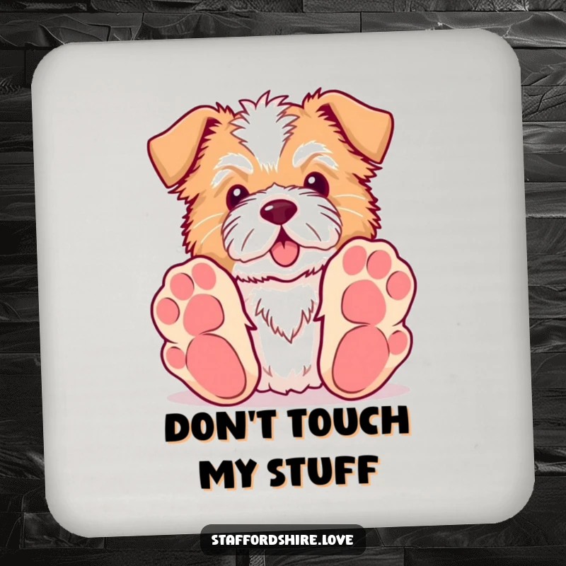 Funny Kawaii Staffordshire drink coaster showing a dog with big paws reaching for a toy, offering playful surface protection.
