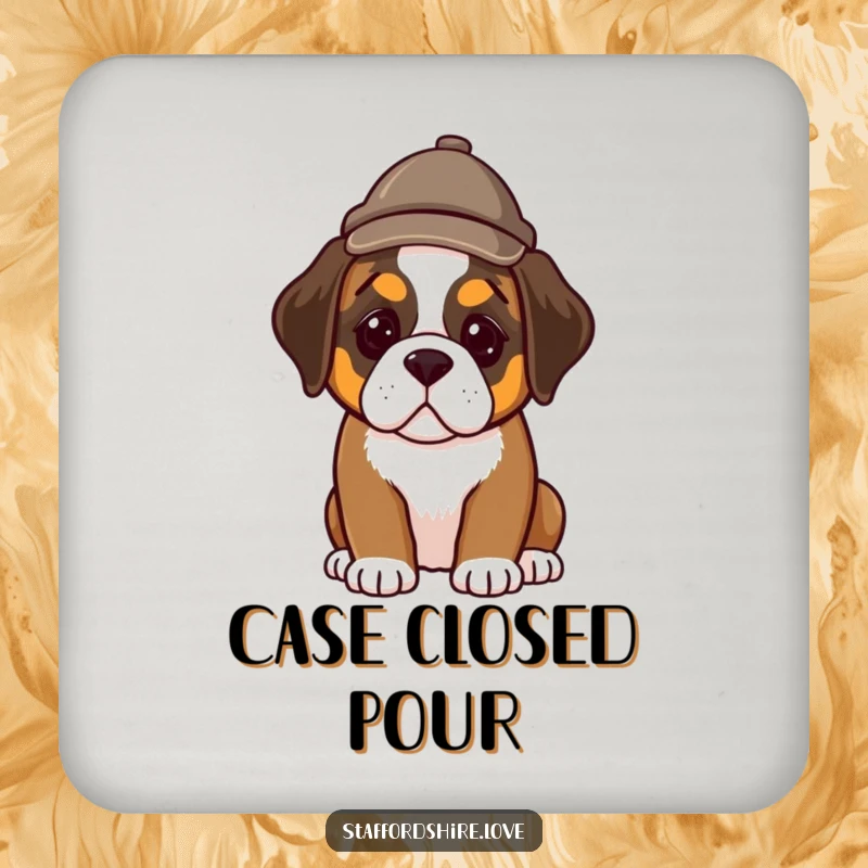 Funny drink coaster set with a Saint Bernard puppy wearing a detective hat, adding a humorous and protective flair to tables.